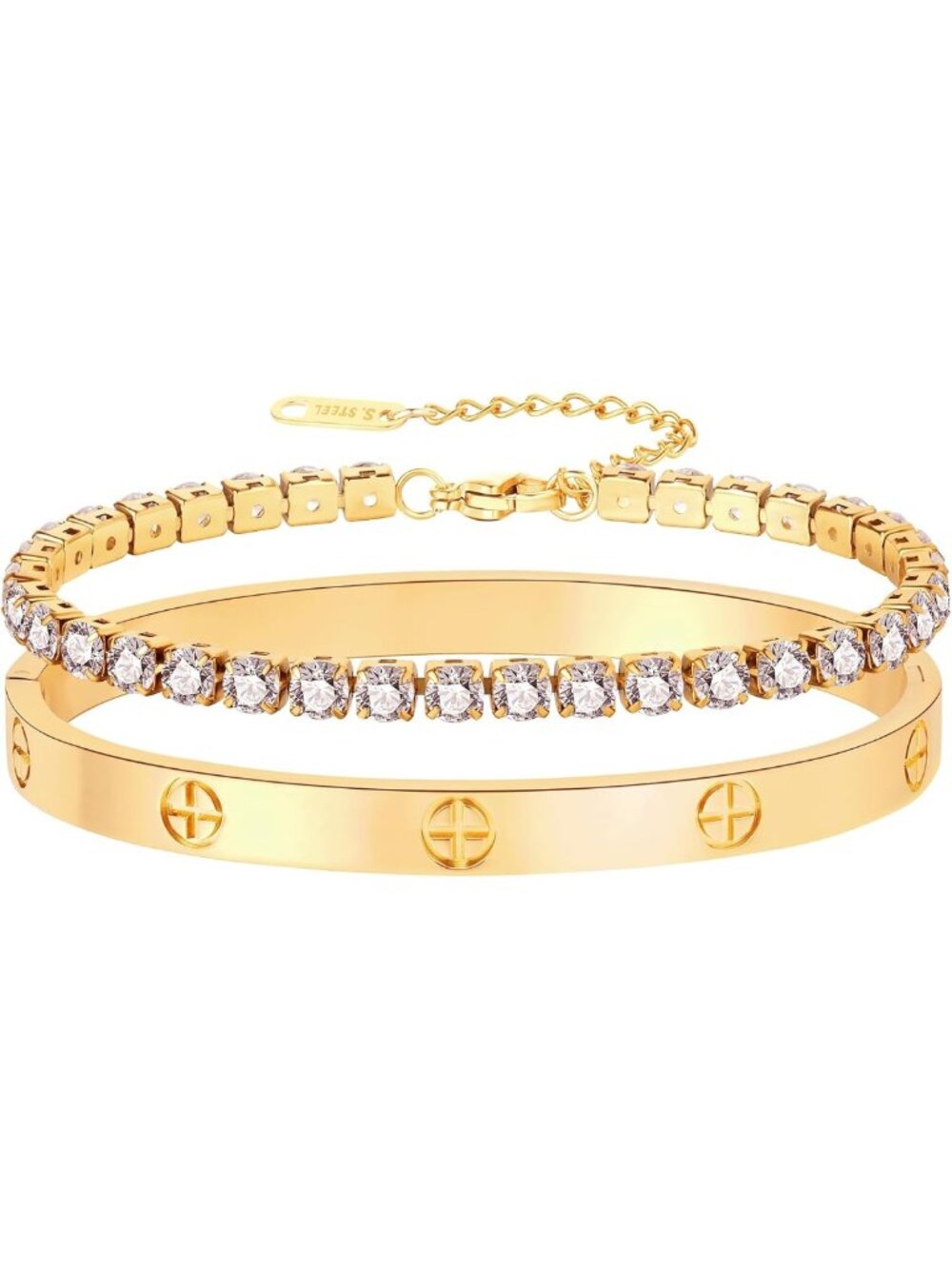 Elegant Gold & White Gold Plated Heart Stone Bangle Bracelet for Women - 6.7